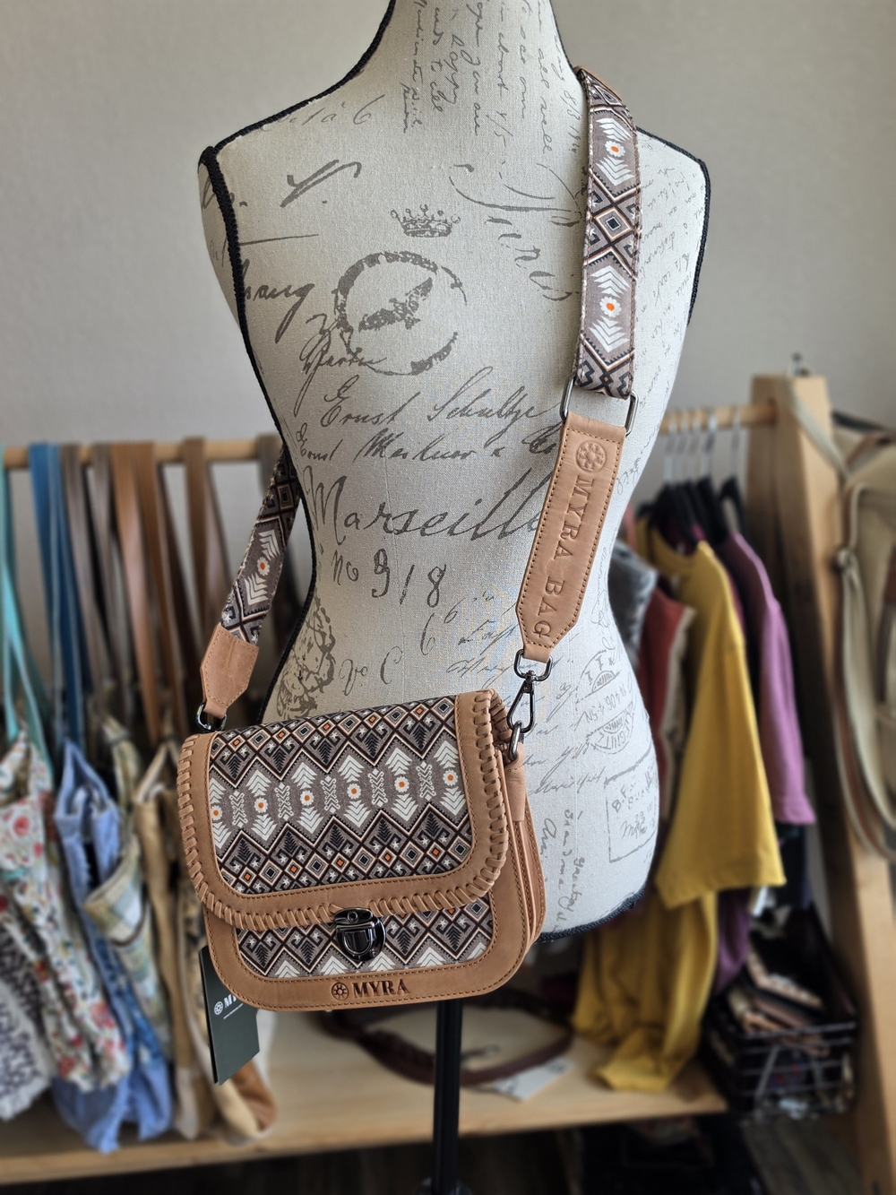 Myra Bag Tan & Brown Geometric Pattern Crossbody with Braided Trim
